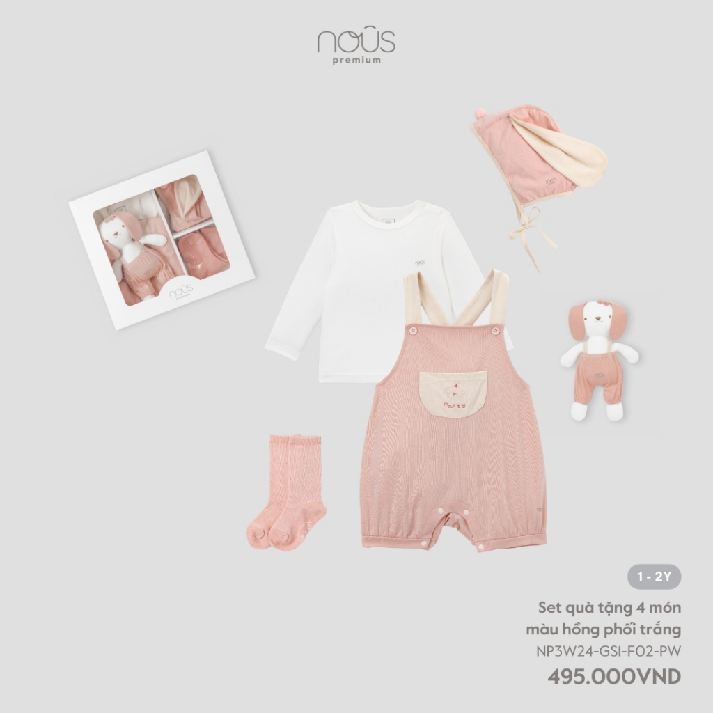 Nous Baby Set quà tặng sinh nhật thôi nôi cho bé 1 tuổi 4 món phối nhiều màu sắc xanh, hồng cho bé trai bé gái BST T10