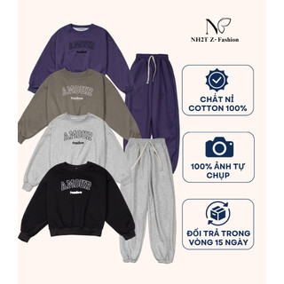 Đồ bộ nỉ nữ NH2T hoạt tiết thêu chữ Amour form vừa chất nỉ cotton dày dặn SN01