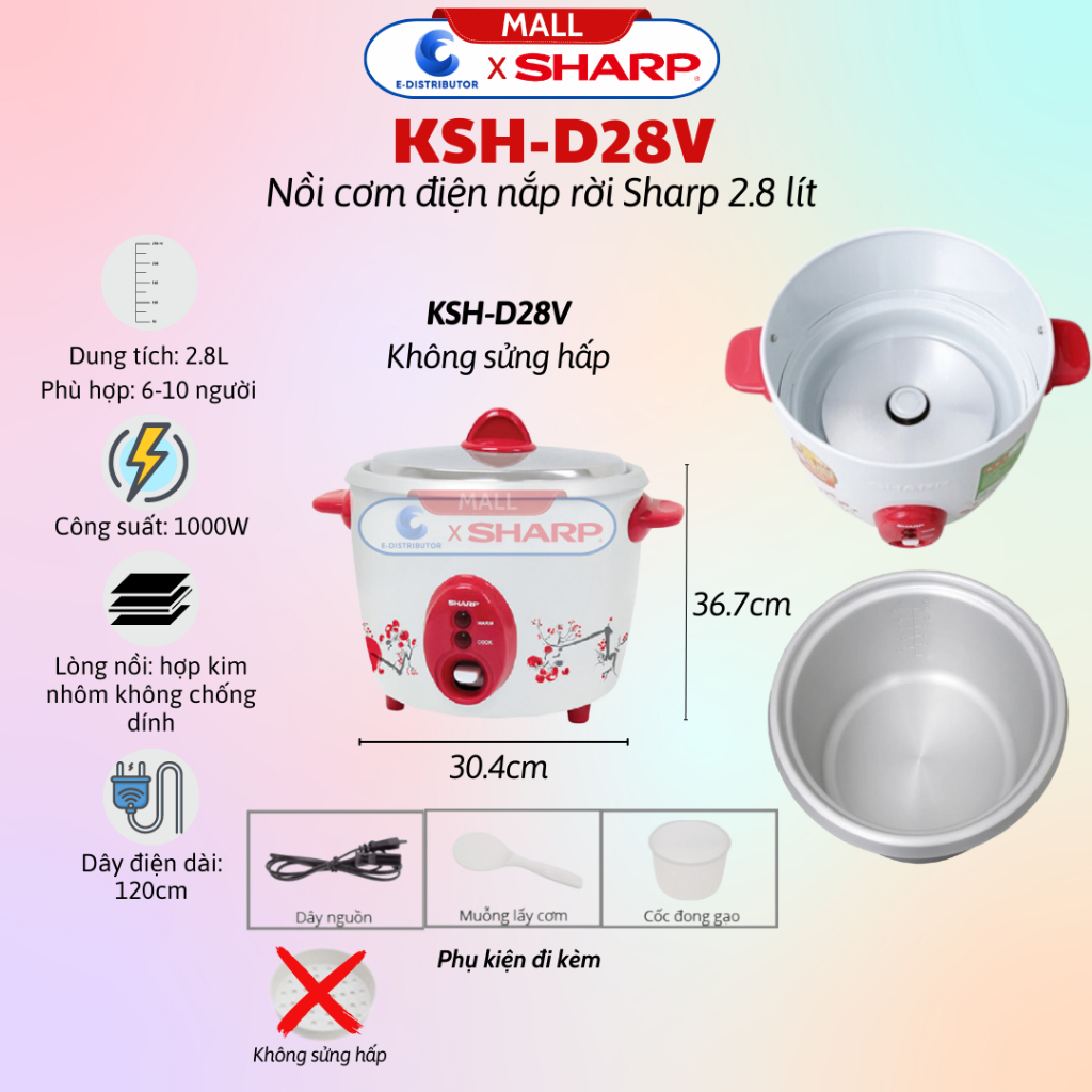[HỎA TỐC] Nồi Cơm Điện Nắp Rời Sharp KSH-D28V (2.8L) - Màu Ngẫu nhiên