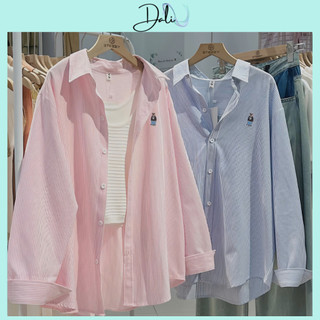 Áo Sơ Mi Sọc Kẻ Dài Tay Dáng Rộng 2 Màu Pastel Thêu Hoạ Tiết