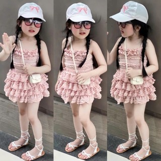  Bộ Đồ Bé Gái Set Bộ Ren Nơ Hồng Áo Hai Dây Kèm Chân Váy Ngắn Chữ A Xếp Tằng Chất Mềm Mịn Mát Cho Bé Gái Từ 8-40kg 