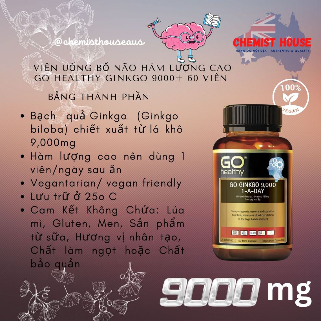 [Hàng Úc] GO Healthy Ginkgo 9000+ Viên Uống Bổ Não Hàm Lượng Cao 9,000mg Bạch Quả Cải Thiện Hay Quên Nhức Đầu Chóng Mặt