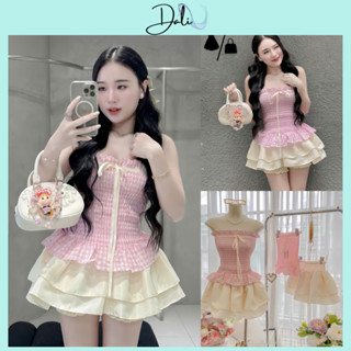  Set Áo Ống Cup Nguc Nữ Kẻ Hồng Caro Cột Nơ Baby + Chân Váy Xoè Tầng Có Quần Trong 