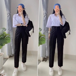 Quần Tây Nữ Lưng Cao QD668 Đi Học Làm Công Sở Kiểu Quần Vải Học Sinh Ống Đứng Dáng Dài Màu Đen Xanh Đen