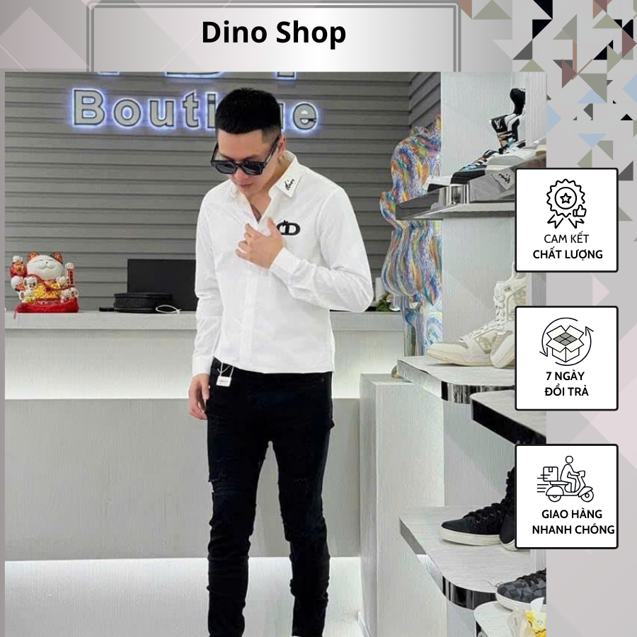 Áo Sơ Mi Nam Đì Ô Thêu Logo Cổ Siêu Đẹp - Áo Sơ Mi Nam Trắng Đi Ô