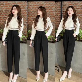 Quần Baggy cạp cao nữ phối 3 cúc bản to cực tôn dáng - chất tuyết mưa màu đen - kem mặc đi làm công sở học đều đẹp