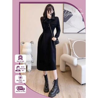 Váy polo thiết kế dáng dài, váy thun dài tay có cổ kiểu dáng Hàn Quốc Yoursee, Váy polo dài tay có túi