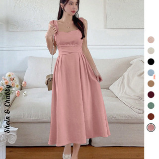 [Bigsize 50-85kg / Order] Đầm hai dây bản to cổ vuông cúp ngực vải xốp thắt nơ lớn eo váy maxi dự tiệc đơn giản nữ tính