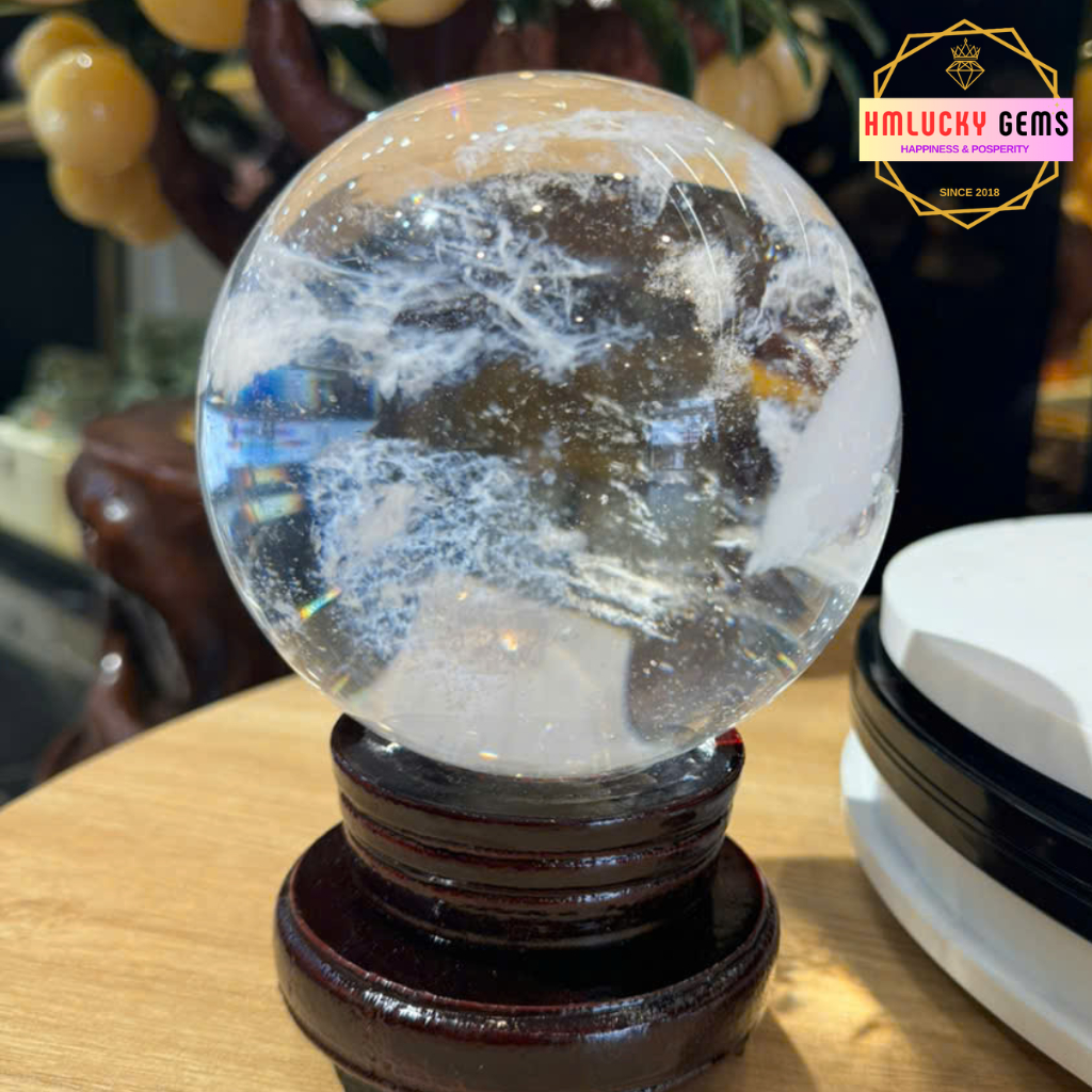 Quả Cầu Phong Thủy Đá Obsidian Trắng, Bi Cầu Đá Núi Lửa Obsidian, Nhiều Kích Cỡ (Tặng Kèm Đế Gỗ)