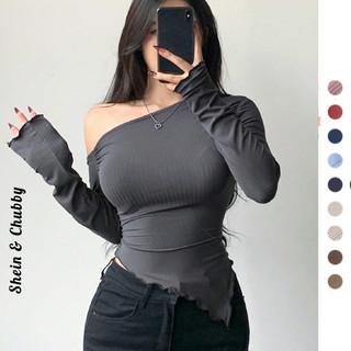 [Bigsize 45-75kg / Order] Áo thun trễ 1 bên vai tay dài thun gân mát co dãn vạt chéo hack dáng quyến rũ thanh lịch