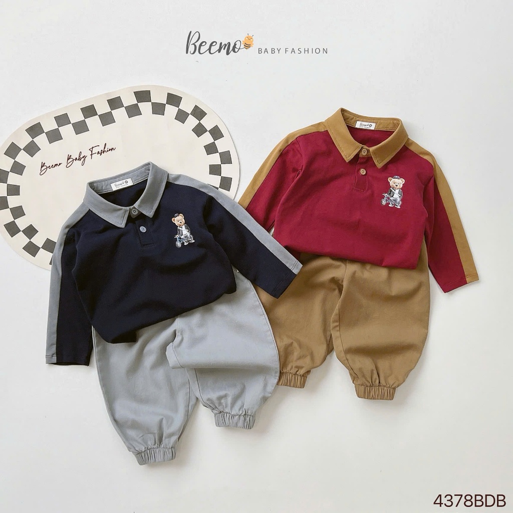 Set polo dài tay phối in hình gấu Beemo cho bé