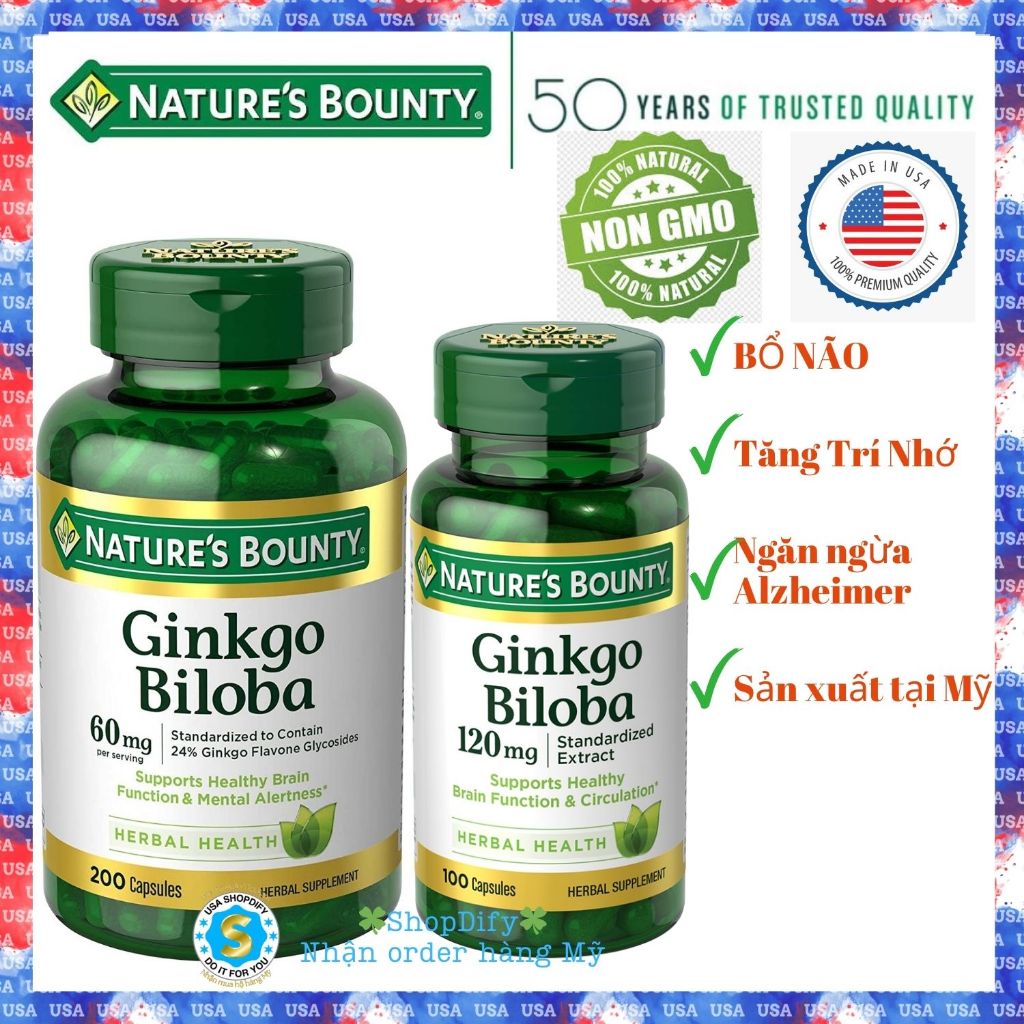 {Date xa} Nature's Bounty Ginkgo Biloba 60mg 200 viên, 120mg 100 viên, Hoạt Huyết Dưỡng Não, Bổ Não,