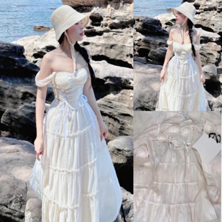 Set đồ nữ áo cúp ngực trễ vai rút dây eo phối chân váy tơ xòe dáng dài phối viền ren tone màu nhẹ nhàng, siêu xinh