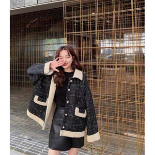 Áo khoác dạ kẻ đen trần lông phong cách Sangsoo HQ( ảnh thật là 3 ảnh cuối)