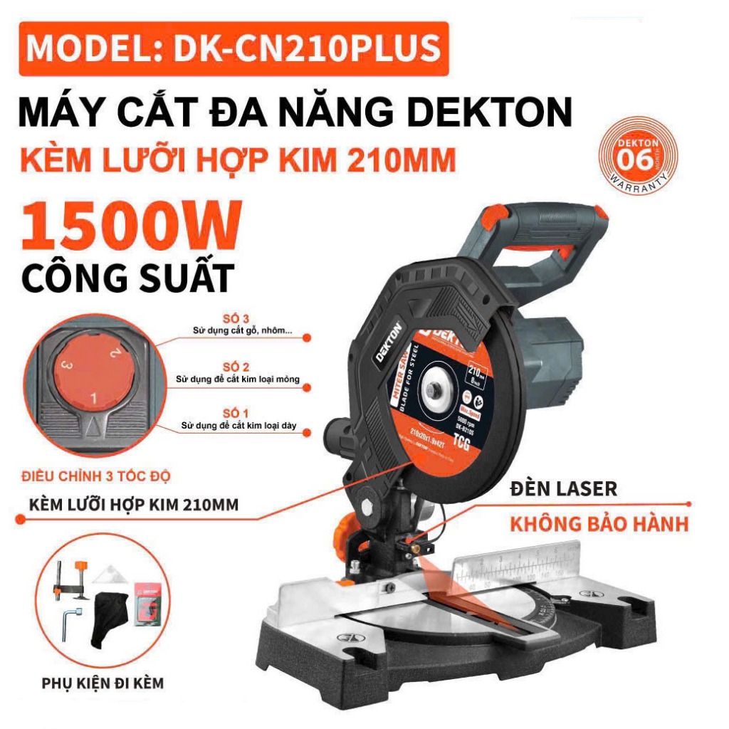 Máy Cắt Nhôm Dekton DK-CN210PLUS - Công Suất 1500W - Lưỡi 210mm - Có Cắt Nghiêng - Đèn Lazer Soi Mạc