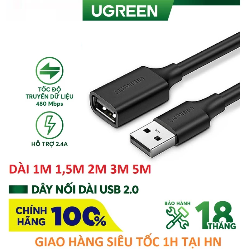 Cáp USB 2.0 Nối Dài Cao Cấp Ugreen 10313 10314 10315 10316 10317 10318 Dài 0,5m-5m - Hàng Chính Hãng