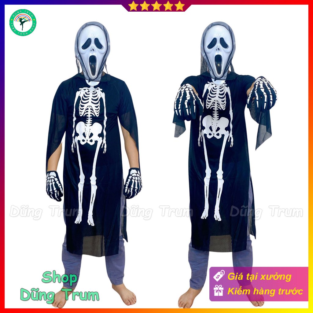 Bộ áo xương hóa trang Halloween ma quỷ đủ size phụ kiện đạt hiệu ứng hóa trang cao