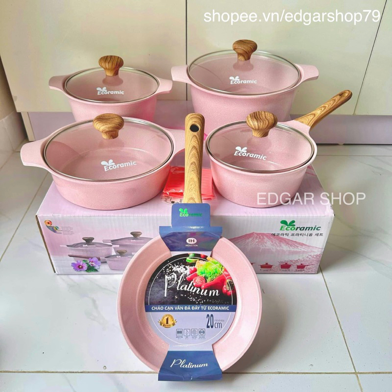 Bộ 5 Nồi Chảo Chống Dính Không Kén Bếp ECORAMIC Cao Cấp Hồng Phấn