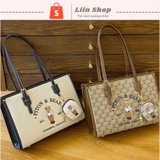 Túi xách công sở {Hàng Đẹp} họa tiết gấu thêu size 35cm kèm ví nhỏ, Túi nữ đeo vai dáng mới đi chơi đi học đi làm