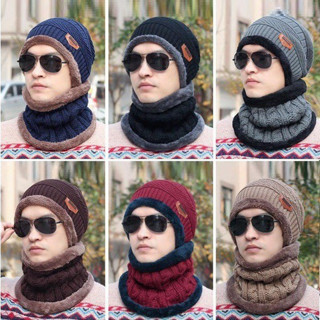 Mũ Len Nam Nữ Len Trơn Hàn Quốc Chùm Đầu Kèm Khăn Quàng Cổ