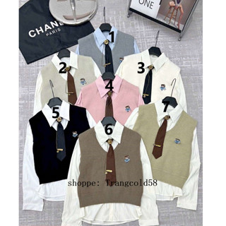  Set 3 món Áo gile len thêu gấu + sơ mi kèm cà vạt hàng QC 