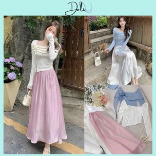 Set Tiểu Thư Gồm Áo Tăm Dài Tay Cổ Vuông Bèo Đính Hoa + Chân Váy Voan Tơ Dáng Dài 2 Lớp