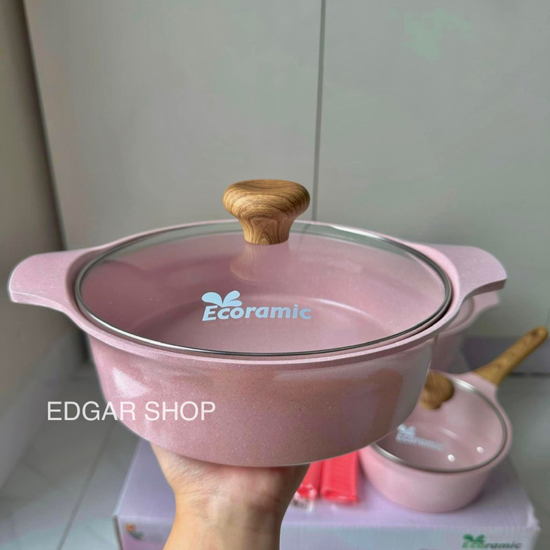 Bộ 5 Nồi Chảo Chống Dính Không Kén Bếp ECORAMIC Cao Cấp Hồng Phấn