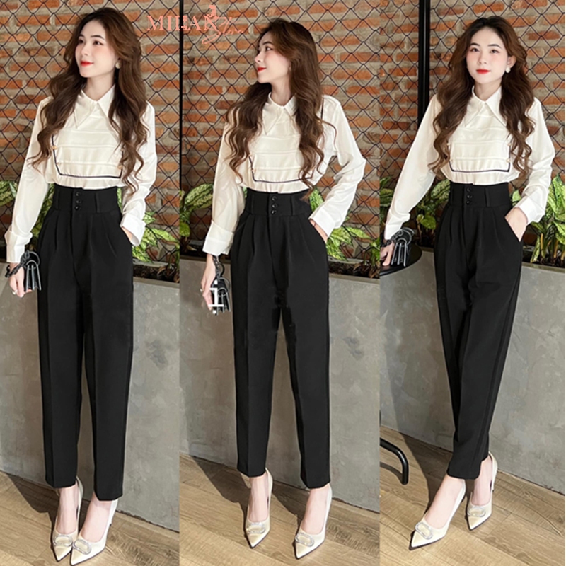 Quần baggy cạp cao công sở 3 cúc nữ bản to xếp ly có đai M633 - Quần tây nữ lưng cao vải tuyết mưa dày đi làm học