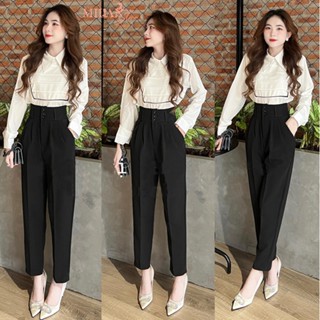 Quần baggy cạp cao công sở 3 cúc nữ bản to xếp ly có đai màu Đen Kem - Quần tây nữ lưng cao vải tuyết mưa dày đi làm học