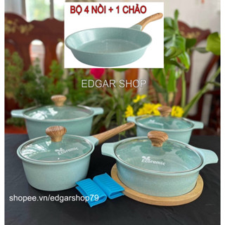  Bộ Nồi Chảo Vân Đá 5 Món Chống Dính Ecoramic Quánh 16cm Nồi 18 20 22cm Chảo 24 26 28cm 