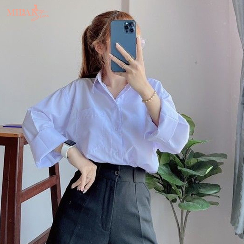 Áo sơ mi nữ tay dài học sinh đi học form rộng dài basic dáng áo sơ mi trắng nữ cổ V bẻ trụ có không túi vải cotton lanh | BigBuy360 - bigbuy360.vn