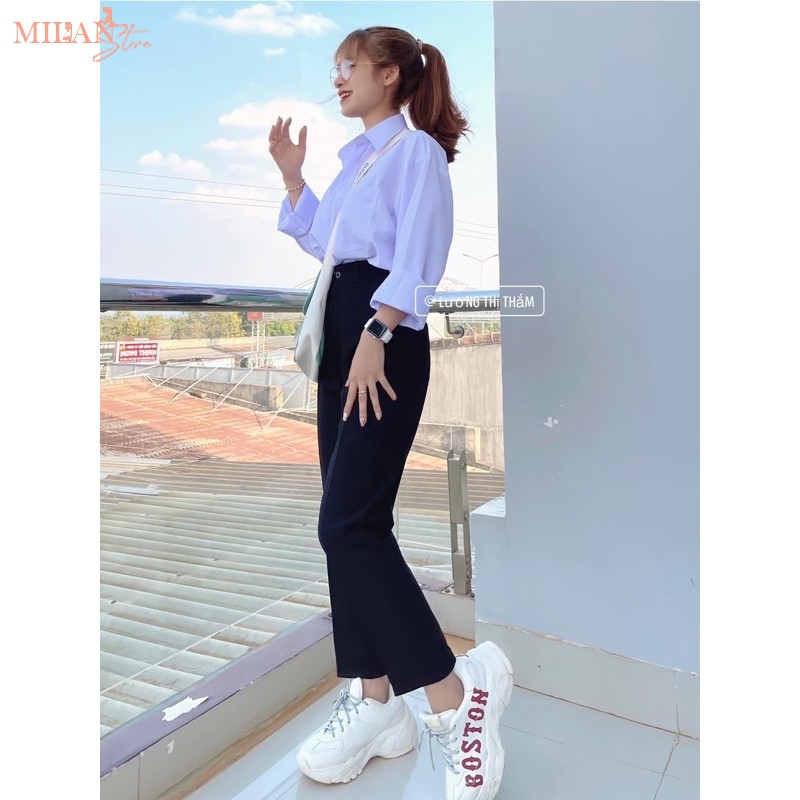 Áo sơ mi nữ tay dài học sinh đi học form rộng dài basic dáng áo sơ mi trắng nữ cổ V bẻ trụ có không túi vải cotton lanh | BigBuy360 - bigbuy360.vn