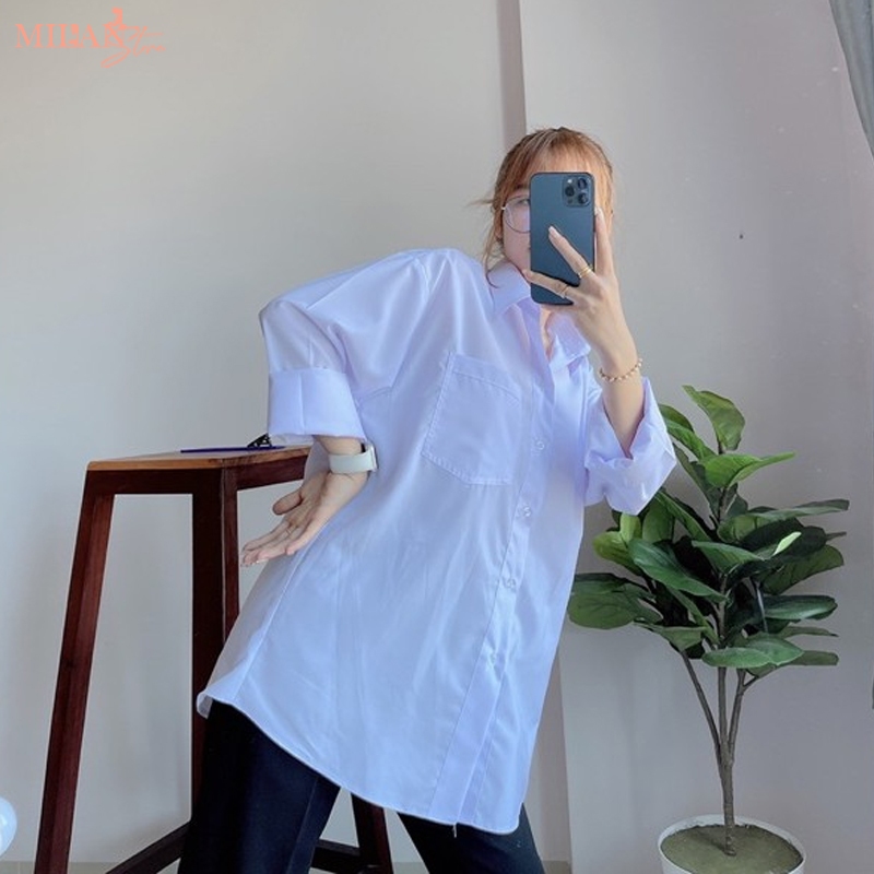 Áo sơ mi nữ tay dài học sinh đi học form rộng dài basic dáng áo sơ mi trắng nữ cổ V bẻ trụ có không túi vải cotton lanh | BigBuy360 - bigbuy360.vn