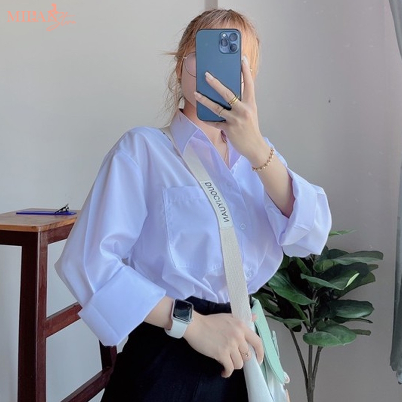 Áo sơ mi nữ tay dài học sinh đi học form rộng dài basic dáng áo sơ mi trắng nữ cổ V bẻ trụ có không túi vải cotton lanh | BigBuy360 - bigbuy360.vn