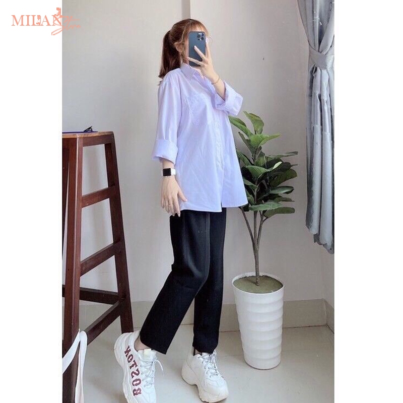 Áo sơ mi nữ tay dài học sinh đi học form rộng dài basic dáng áo sơ mi trắng nữ cổ V bẻ trụ có không túi vải cotton lanh | BigBuy360 - bigbuy360.vn