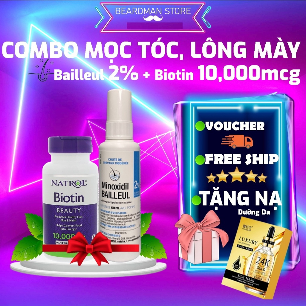 COMBO MỌC TÓC, LÔNG MÀY (Minoxidil 2% Bailleul 60ml + Biotin 10,000mcg Natrol)