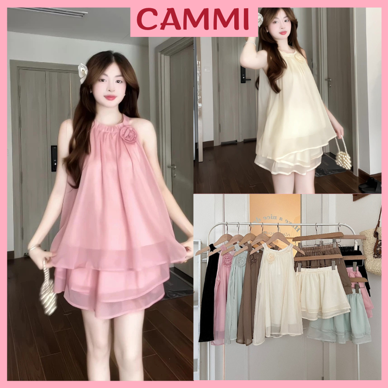 Set áo trễ vai tơ voan cổ yếm tiểu thư kèm chân váy 2 tầng xoè+hoa cài rời,set bộ đồ nữ HB378