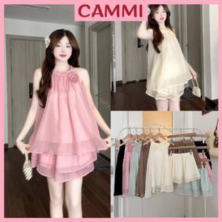 Set áo trễ vai tơ voan cổ yếm tiểu thư kèm chân váy 2 tầng xoè+hoa cài rời,set bộ đồ nữ HB378