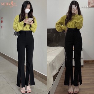 Quần ống loe xẻ tà cạp cao hack dáng màu đen kiểu quần tây ống loe xẻ trước vẩy cá tính lưng cao vải mềm đi học công sở