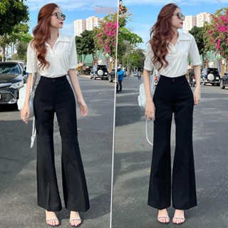 Quần ống loe cạp cao dáng dài 1 nút cài tôn dáng màu Đen - Quần tây ống loe lưng cao vải Vitex dày mềm đi học công sở