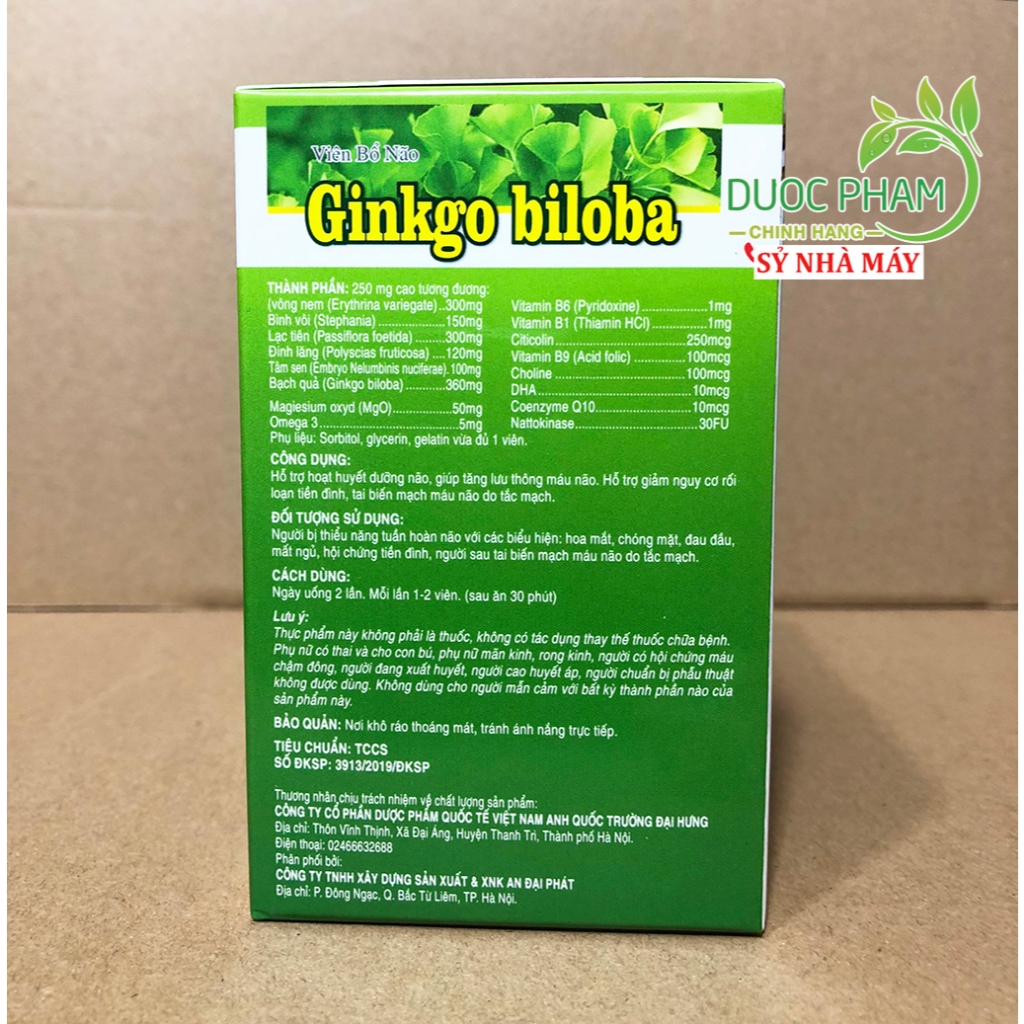 Viên bổ não Ginkgo biloba giúp hoạt huyết dưỡng não - giảm rối loạn tiền đình hiệu quả nhanh ( hộp 100 viên)