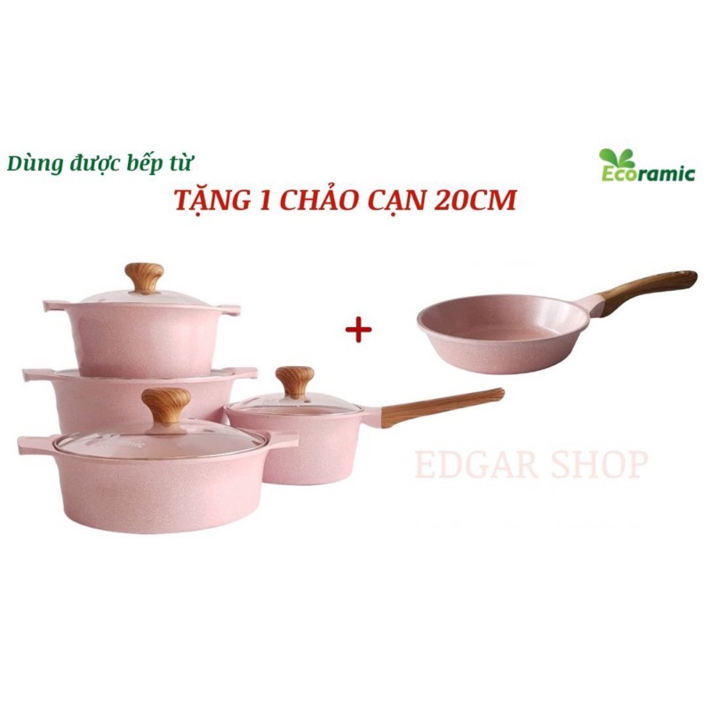 Bộ 5 Nồi Chảo Chống Dính Không Kén Bếp ECORAMIC Cao Cấp Hồng Phấn