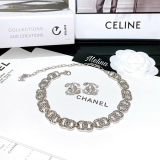 Sét trang sức CN ánh vàng full đá vòng cổ dáng choker ôm sát cổ và khuyên tai đính đá sang chảnh