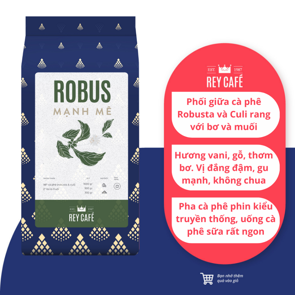 Cà phê rang bơ Robus Mạnh Mẽ (Phối Robusta & Culi) - Pha Phin - Coffee blend nguyên chất - Rey Cafe