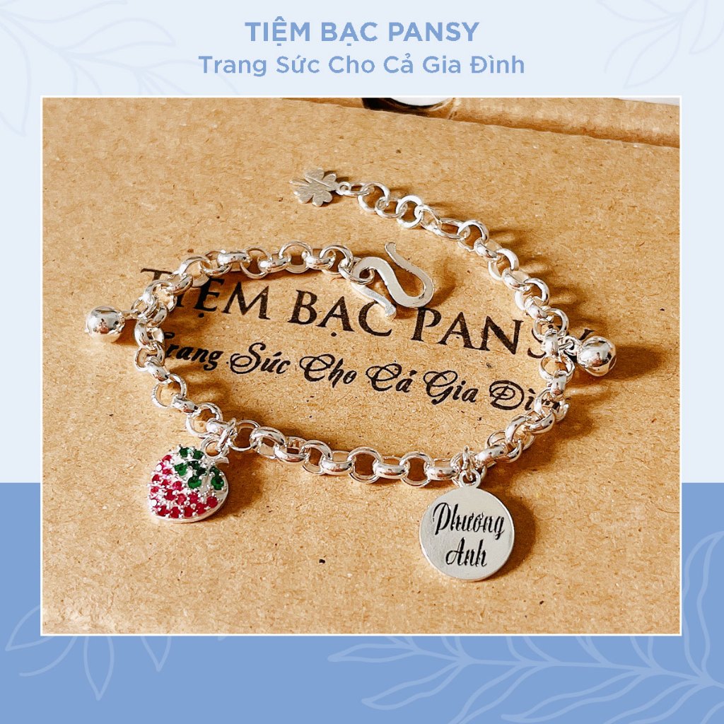 Lắc bạc khắc tên cho bé mix charm dâu tây dễ thương - Vòng bạc ta thật cao cấp