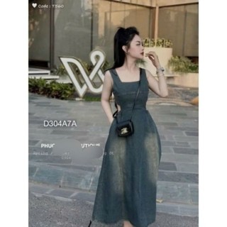 Váy Bò Giấy 2 Dây Bản To Khoét Eo Loang ,Đầm Jean Nữ Cổ Vuông Khoét Lưng Dáng Xoè Dài Siêu Cá Tính