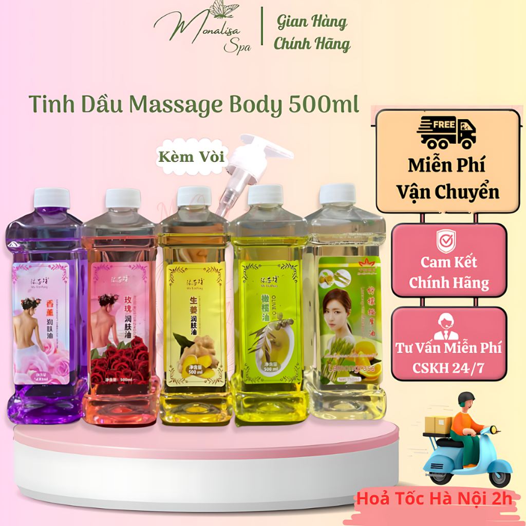 Tinh Dầu Massage Body 500ml, Dầu Gừng, Lavender, Hoa Hồng Thơm Dịu Nhẹ, Trơn Tay Có Kèm Vòi Hút