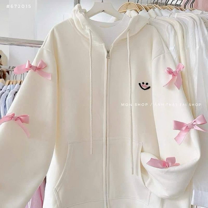 Áo Khoác Nỉ Nữ Form Vừa Mũ Hai Lớp_Mặt Cười Đính Nơ