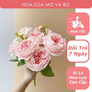 Cụm Hoa Hồng Juliet - Cụm Hoa Trà Dài 35cm 6 Bông Kèm Điểm và Lá - Hoa Giả Hoa Lụa Mơ Bơ