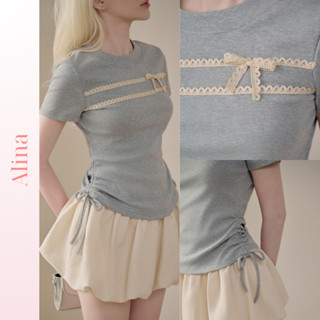 Áo phông nữ cộc tay dáng ôm cổ tròn phối dây ren thắt nơ Áo cộc tay nữ bigsize mùa hè dây rút eo siêu tôn dáng